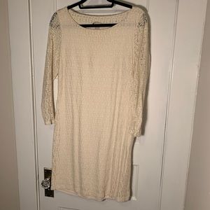 Off-White Lace Overlay Long Sleeve Dress